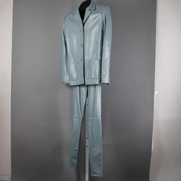 Dero By Rocco D'Amelio Sz XS 4 Sky Blue Pearlescent Lined Leather Pant Suit