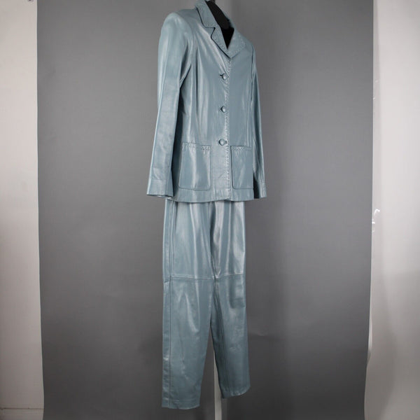 Dero By Rocco D'Amelio Sz XS 4 Sky Blue Pearlescent Lined Leather Pant Suit