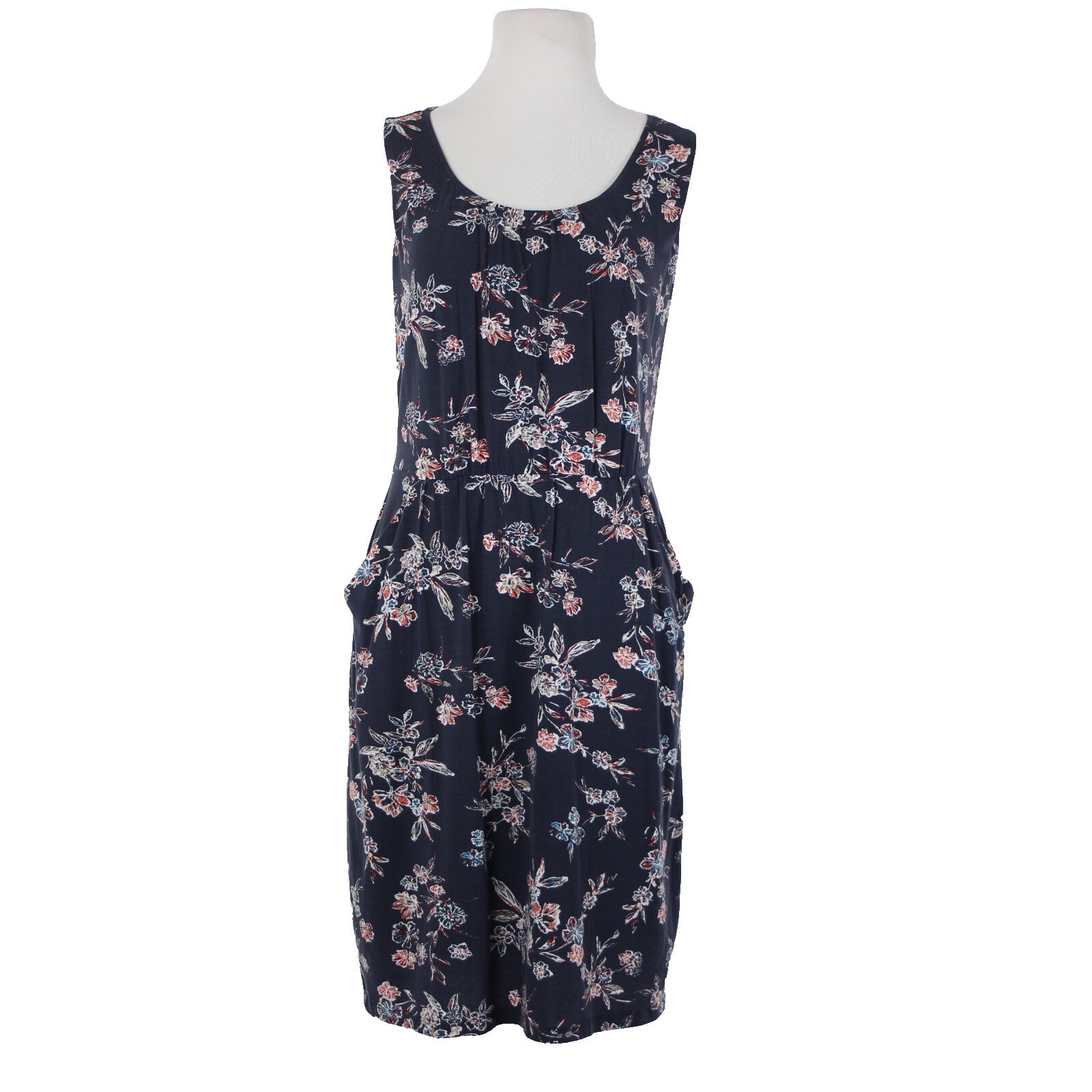 Garnet Hill NEW Sz M Navy Blue Multi Color Floral Pockets Tencel Spandex Dress
