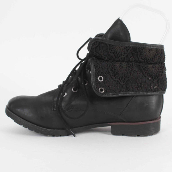 Z London Sz 9.5 Black Lace Up Lace Accent Synthetic Leather Ankle Boot
