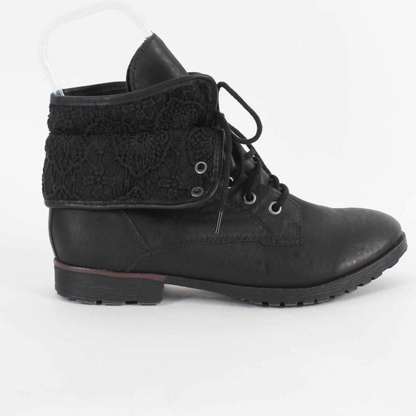 Z London Sz 9.5 Black Lace Up Lace Accent Synthetic Leather Ankle Boot