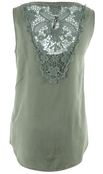 Knox Rose NEW $23 Sz XS Olive Lace Back Round Hem Lyocell Cotton Top