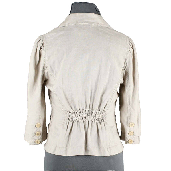 Juicy Couture Sz S Tan 2 Button Pockets Smocked Back 100% Linen Jacket