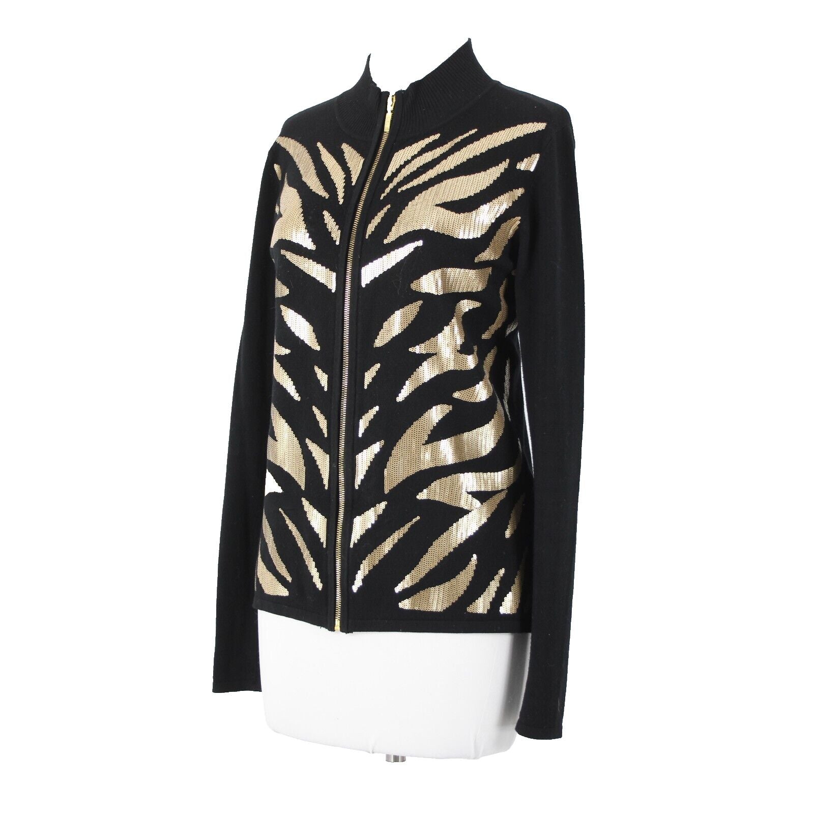 Belldini Sz M Black Gold Animal Sequin Collared Viscose Nylon Cardigan Sweater