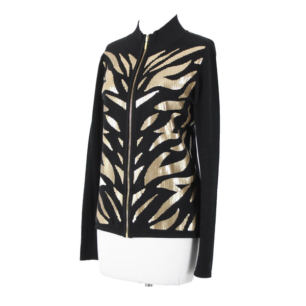 Belldini Sz M Black Gold Animal Sequin Collared Viscose Nylon Cardigan Sweater