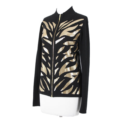 Belldini Sz M Black Gold Animal Sequin Collared Viscose Nylon Cardigan Sweater