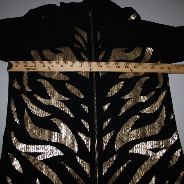 Belldini Sz M Black Gold Animal Sequin Collared Viscose Nylon Cardigan Sweater
