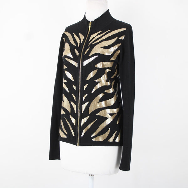 Belldini Sz M Black Gold Animal Sequin Collared Viscose Nylon Cardigan Sweater