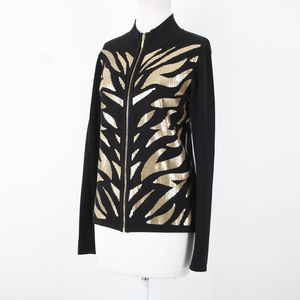 Belldini Sz M Black Gold Animal Sequin Collared Viscose Nylon Cardigan Sweater