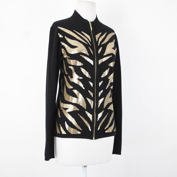 Belldini Sz M Black Gold Animal Sequin Collared Viscose Nylon Cardigan Sweater