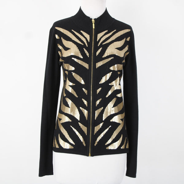 Belldini Sz M Black Gold Animal Sequin Collared Viscose Nylon Cardigan Sweater