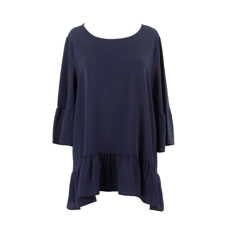 Pleione Sz M Navy Blue Hi Lo Ruffle Sleeve Ruffle Hem Poly Blend Woven Top