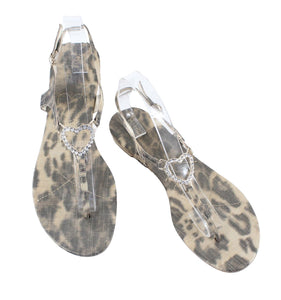Guess Sz 9.5 Animal Print Brown Gold Rhinestone Heart Accent Low Heel Sandal