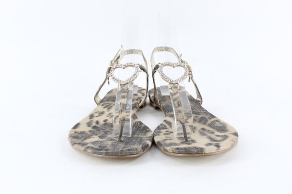 Guess Sz 9.5 Animal Print Brown Gold Rhinestone Heart Accent Low Heel Sandal
