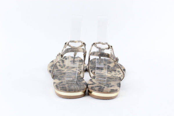 Guess Sz 9.5 Animal Print Brown Gold Rhinestone Heart Accent Low Heel Sandal