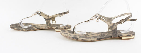 Guess Sz 9.5 Animal Print Brown Gold Rhinestone Heart Accent Low Heel Sandal