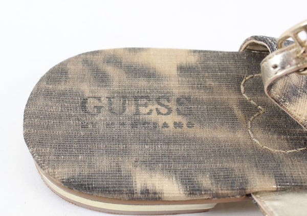 Guess Sz 9.5 Animal Print Brown Gold Rhinestone Heart Accent Low Heel Sandal