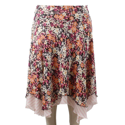 Nine West Sz 16 Black Pink Multi Floral Stripe Lined Asymmetric 100% Silk Skirt
