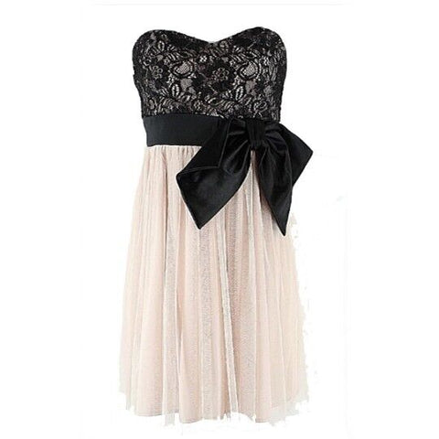 Mystic Sz S Black Lace Satin Bow Pink Mesh Over Tan Strapless Polyester Dress