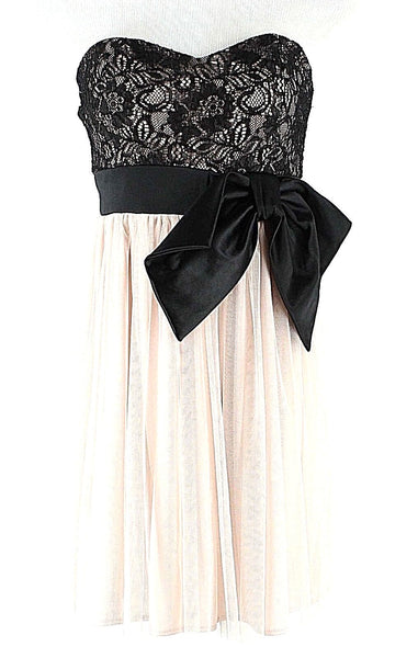 Mystic Sz S Black Lace Satin Bow Pink Mesh Over Tan Strapless Polyester Dress