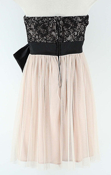 Mystic Sz S Black Lace Satin Bow Pink Mesh Over Tan Strapless Polyester Dress