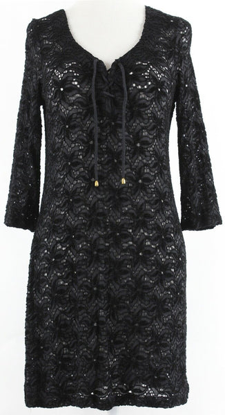 Soma Intimates Sz S Black Lace Neck Flocked Rayon Nylon Sheer Cover Up Dress