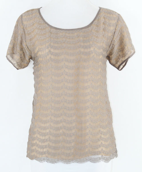 J Crew Sz XS Taupe Sheer Lace Overlay Tan Polyester Nylon Blouse Top
