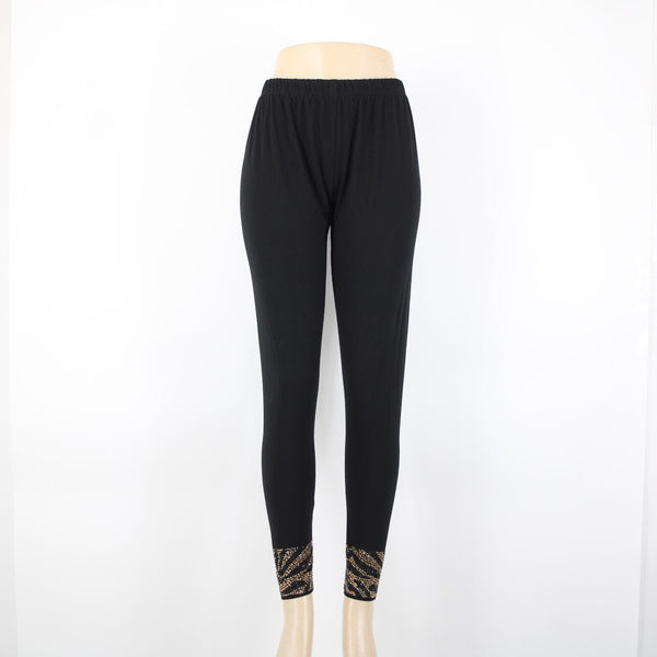 Gardy Sz L x 30 Black Gold Animal Print Rhinestones Elastic Cotton Spandex Pants