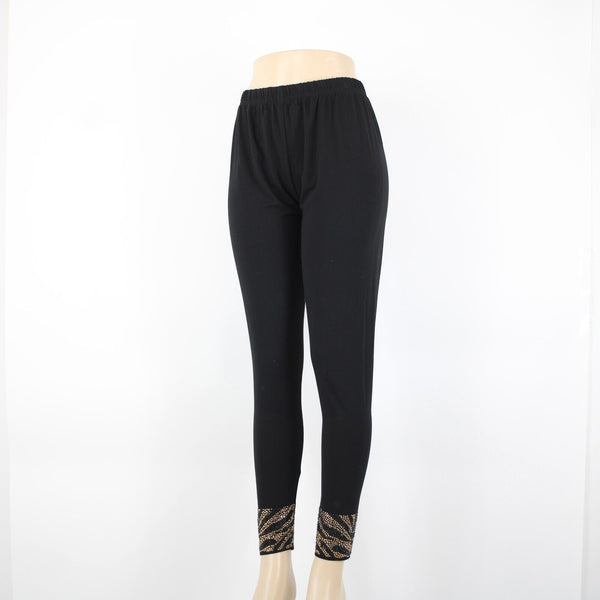 Gardy Sz L x 30 Black Gold Animal Print Rhinestones Elastic Cotton Spandex Pants