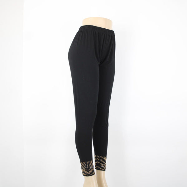 Gardy Sz L x 30 Black Gold Animal Print Rhinestones Elastic Cotton Spandex Pants