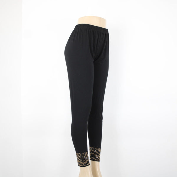 Gardy Sz L x 30 Black Gold Animal Print Rhinestones Elastic Cotton Spandex Pants