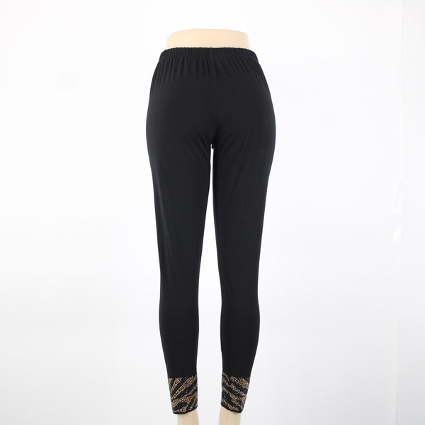 Gardy Sz L x 30 Black Gold Animal Print Rhinestones Elastic Cotton Spandex Pants