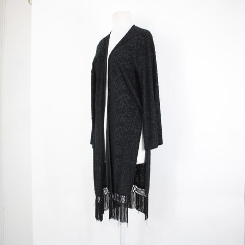 Sage NEW $85 Sagel Sz XS Black Animal Print Fringe Kimono No Fabric Wrap Sweater