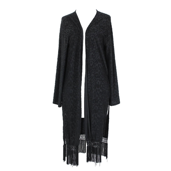 Sage NEW $85 Sagel Sz XS Black Animal Print Fringe Kimono No Fabric Wrap Sweater
