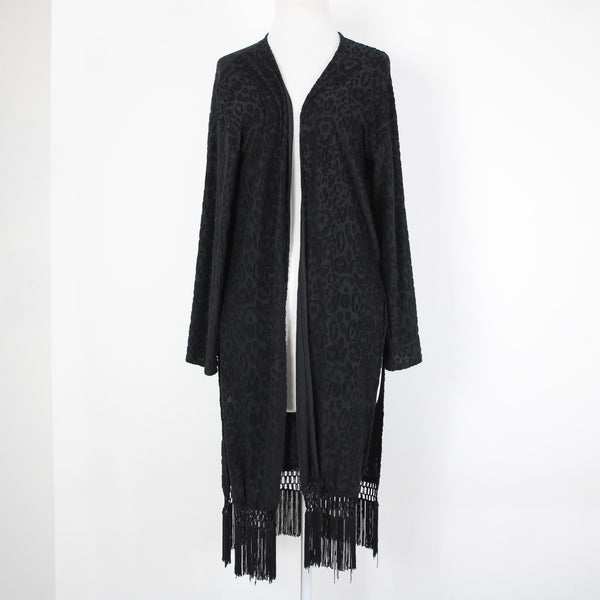 Sage NEW $85 Sagel Sz XS Black Animal Print Fringe Kimono No Fabric Wrap Sweater