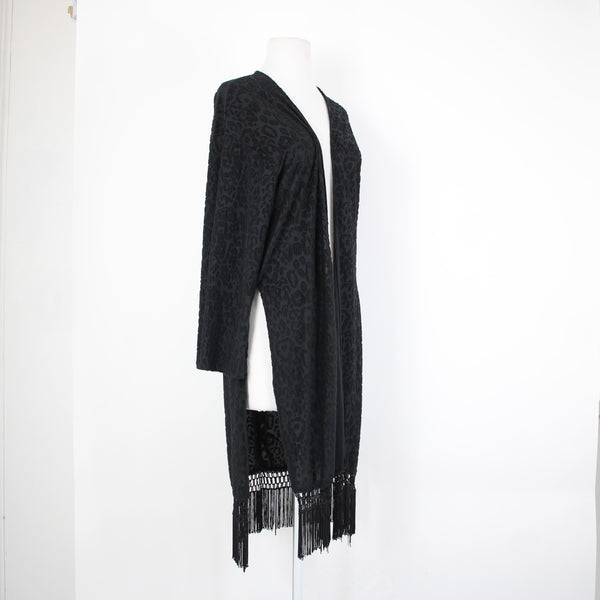 Sage NEW $85 Sagel Sz XS Black Animal Print Fringe Kimono No Fabric Wrap Sweater