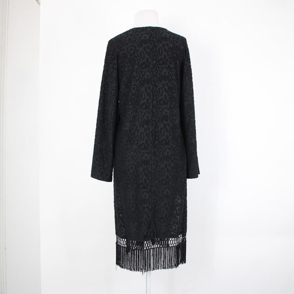 Sage NEW $85 Sagel Sz XS Black Animal Print Fringe Kimono No Fabric Wrap Sweater