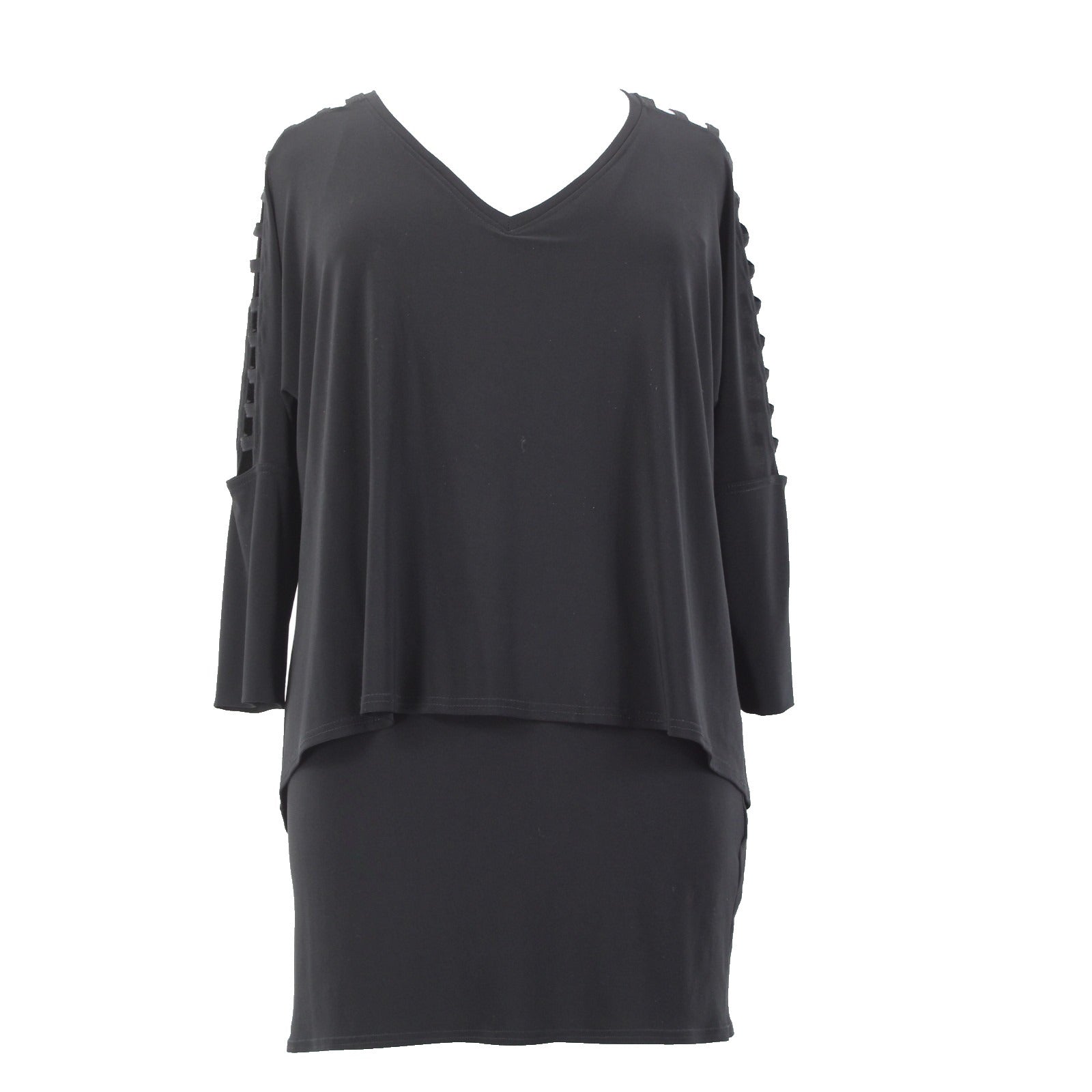 Joseph Ribkoff Top Sz 14 Black Layered Eyelet Shoulders V Neck Poly Top