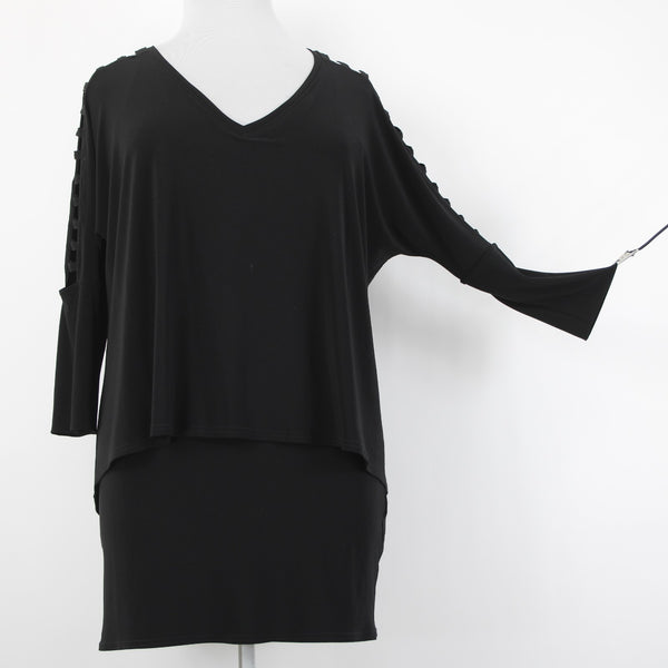 Joseph Ribkoff Top Sz 14 Black Layered Eyelet Shoulders V Neck Poly Top