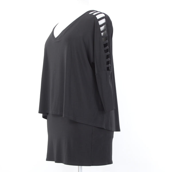 Joseph Ribkoff Top Sz 14 Black Layered Eyelet Shoulders V Neck Poly Top