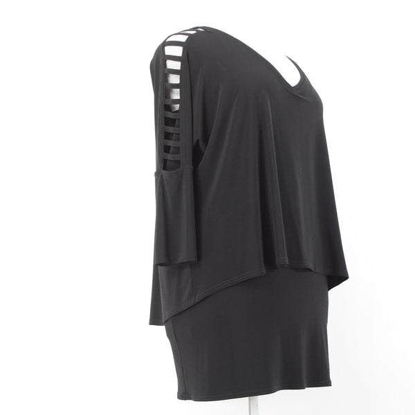 Joseph Ribkoff Top Sz 14 Black Layered Eyelet Shoulders V Neck Poly Top