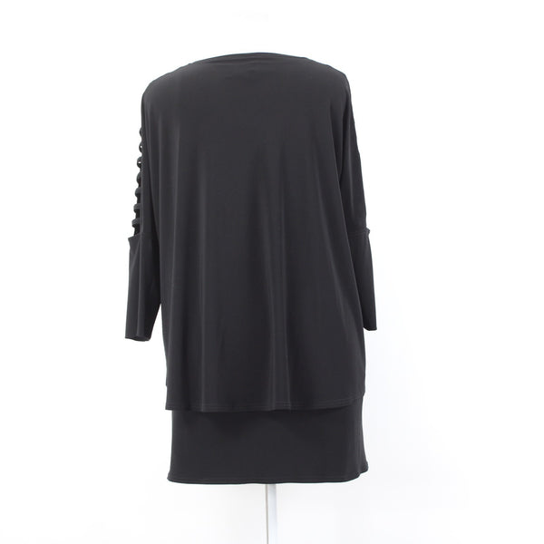 Joseph Ribkoff Top Sz 14 Black Layered Eyelet Shoulders V Neck Poly Top