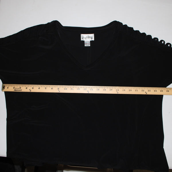 Joseph Ribkoff Top Sz 14 Black Layered Eyelet Shoulders V Neck Poly Top