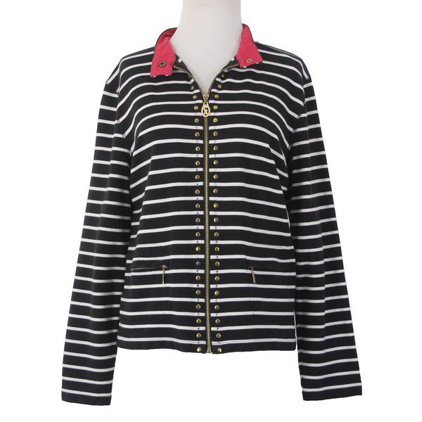 Christine Alexander Jacket Sz L Black White Red Collared Pockets 100% Cotton