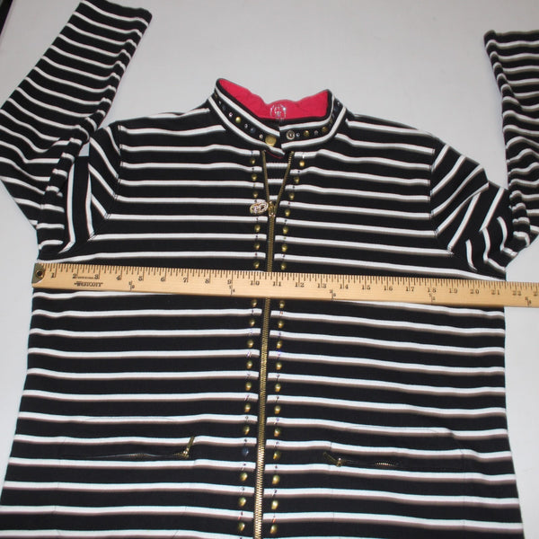 Christine Alexander Jacket Sz L Black White Red Collared Pockets 100% Cotton