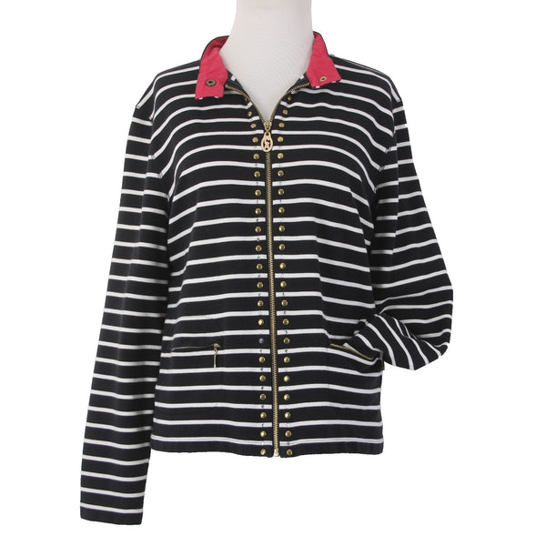 Christine Alexander Jacket Sz L Black White Red Collared Pockets 100% Cotton