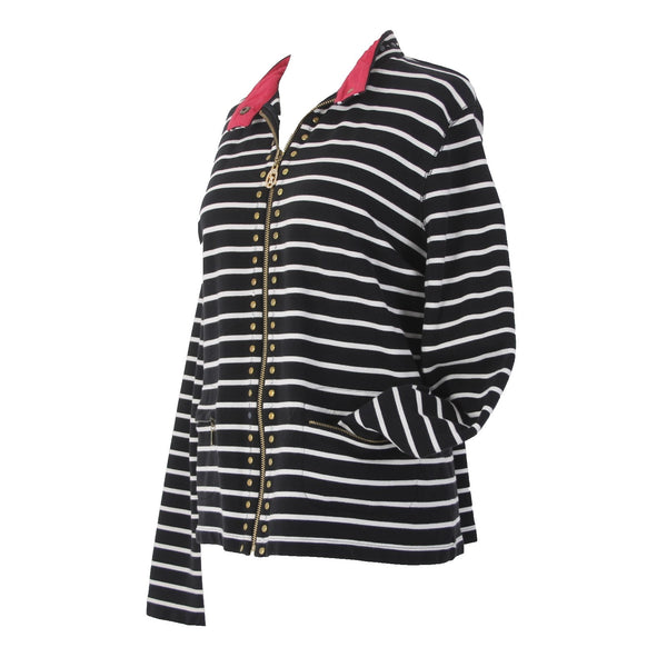 Christine Alexander Jacket Sz L Black White Red Collared Pockets 100% Cotton