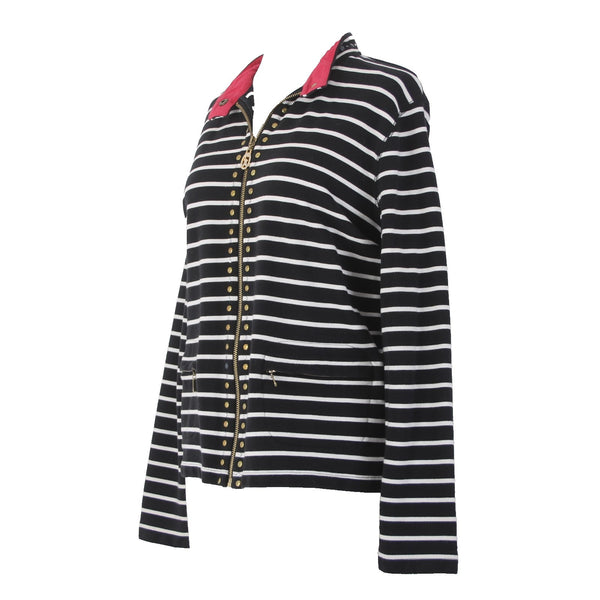 Christine Alexander Jacket Sz L Black White Red Collared Pockets 100% Cotton