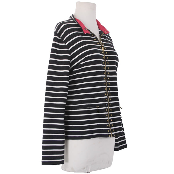 Christine Alexander Jacket Sz L Black White Red Collared Pockets 100% Cotton