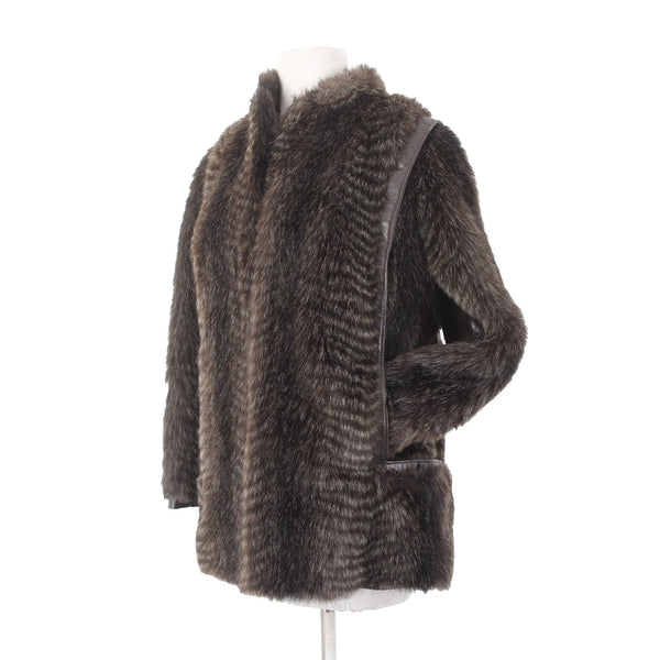 Lilli Ann For I Magnin Coat Sz S Dark Brown Lined Faux Fur Leather Trim AS IS